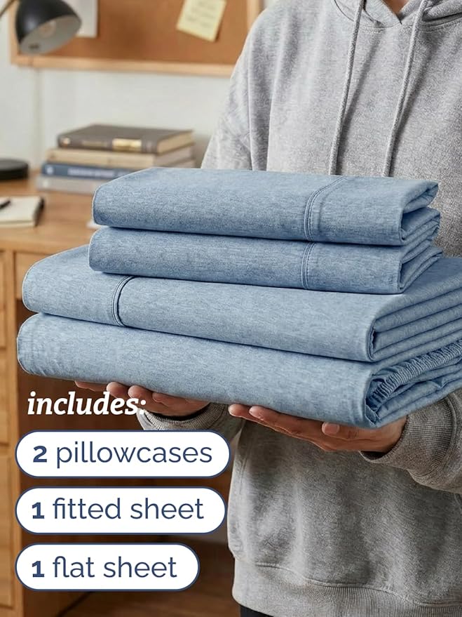 Twin XL 4 Piece Sheet Set - Comfy, Breathable & Cooling - Soft Hotel Luxury Bedding for Women, Men, Kids, Teens & Children - 1 Flat & 1 Fitted Sheet & 2 Pillowcases w/ Deep Pockets - Heathered Blue