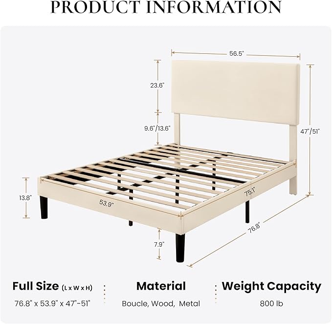 SHA CERLIN Full Size Platform Bed Frame with Adjustable Headboard and Wooden Slats Support, Velvet Upholstered Mattress Foundation, No Box Spring Needed, Easy Assembly, Soft Cream