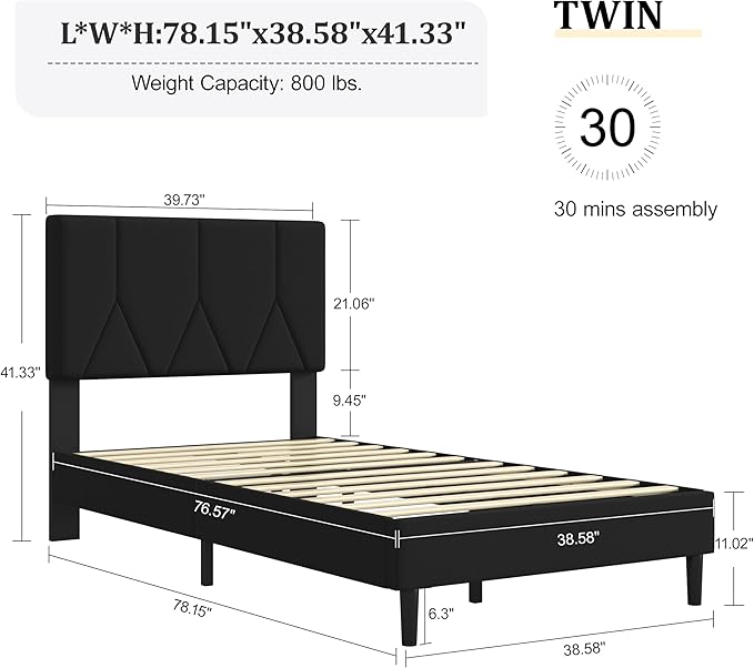 Twin Bed Frame, Padded Platform Bed Frame with Velvet Headboard, Vertical Quilted Design, Sturdy Slatted Mattress Base, No Spring Mattress Required, Easy to Assemble, Black