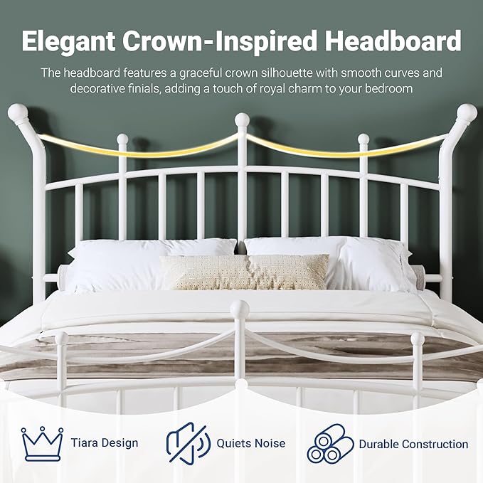 Allewie 14 Inches Full Size Metal Platform Bed Frame with Elegant Crown Iron-Art Headboard & Footboard, Sturdy Mattress Foundation with Under-Bed Storage, Easy Assembly, No Box Spring Needed, White