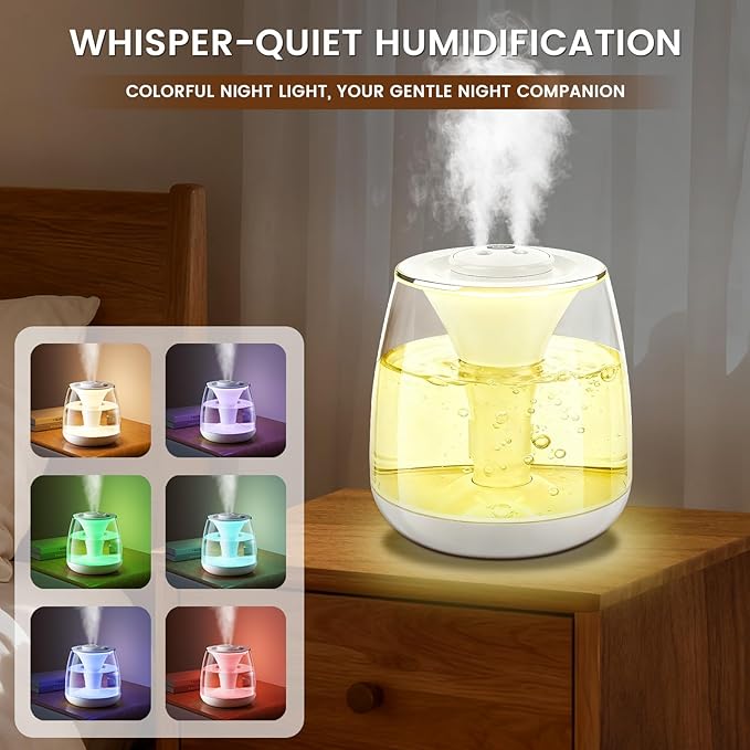 Humidifiers for Bedroom, 3 L Cool Mist Top-Fill 40H Super Long Time, 23dB Quiet, Baby Humidifier, Oil Diffuser for Large Room, Plants, Nursery, Office, Colored lights (white)