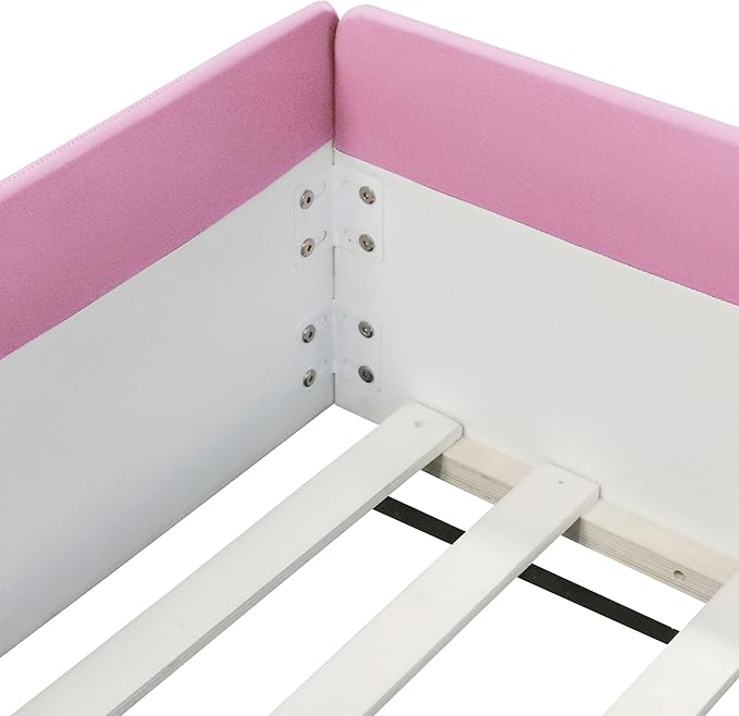 Merax Full Size Daybed Frame with Fence, Stairs, Upholstered Wood Bed for Living Room, Floor Bed, White+Pink