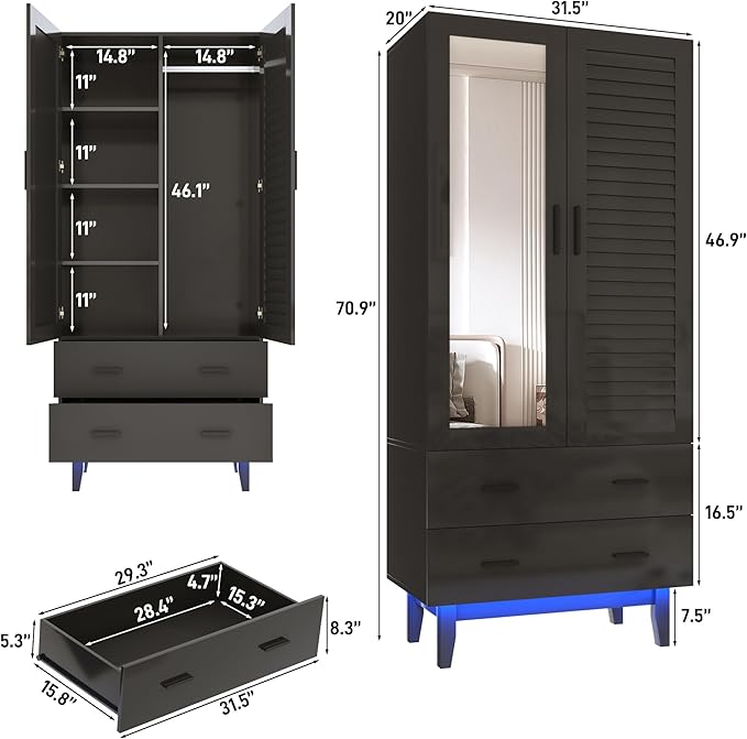jiteentarou 2 Door Armoire Wardrobe Closet Cabinet with Drawers and LED Lights, Multi-Tier Shelves, Hanging Rod & 2 Louver Doors, Large Capacity Storage Wardrobe Armoire for Bedroom(2 Doors Black)