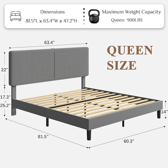 VECELO Queen Bed Frame with Type-C & USB Ports, Upholstered Platform Height-Adjustable Cotton and Linen Headboard,No Box Spring Needed,Noise-Free,Easy Assembly, Dark Gery