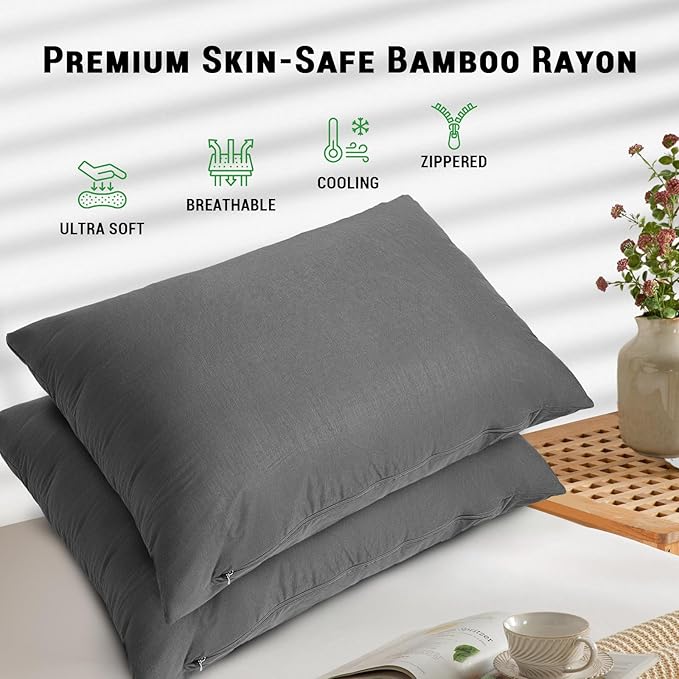 Gogreen Bamboo Rayon Waterproof Pillow Protector, Breathable Pillow Cover, Cooling Pillow Case Protector with Zipper, Super Soft Pillow Case Cover with Zipper (4 Packs, Queen 20"x30", Grey)