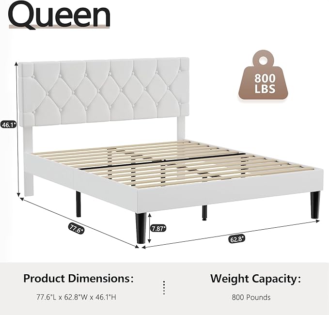 VECELO Queen Bed Frame with Button Tufted Headboard, Upholstered Platform with Wooden Slat Support, No Box Spring Needed, White