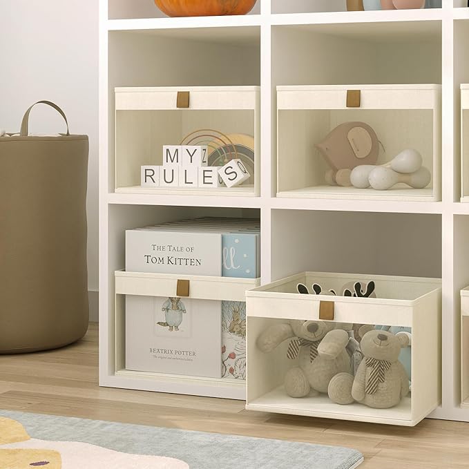 Linen Closet Organizers and Storage, Closet Storage Bins Basket Organizer, Foldable Organization Baskets with Mesh Window for Clothes Towels and Toys, 10.75" x 10.75" x 7.5", Beige, 2 pack