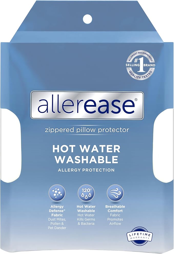 AllerEase Hot Water Wash Breathable Advanced Protection Machine Washable Durable Zippered Pillow Protector, Standard/Queen Size 2 Pack, White