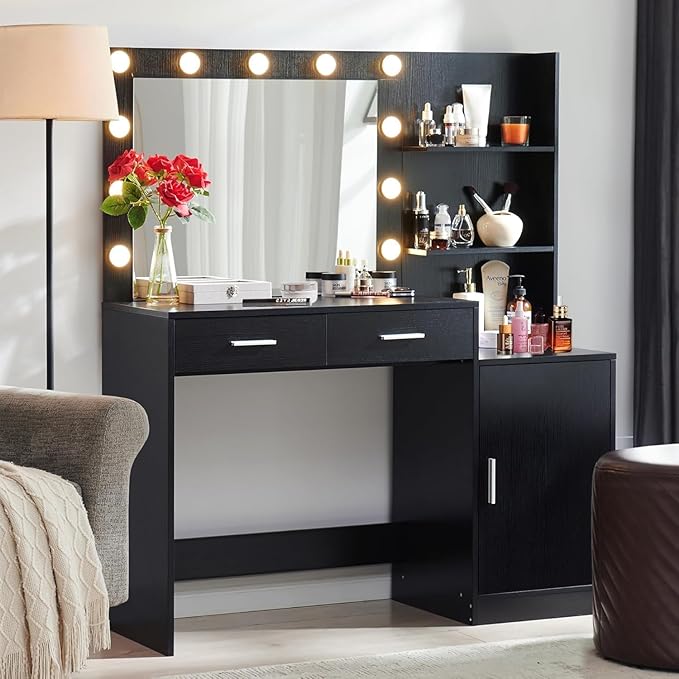 Palimder Vanity Desk with Lamp Bulb Mirror Drawers,Vanity Storage Bench,Makeup Vanities Table for Bedroom
