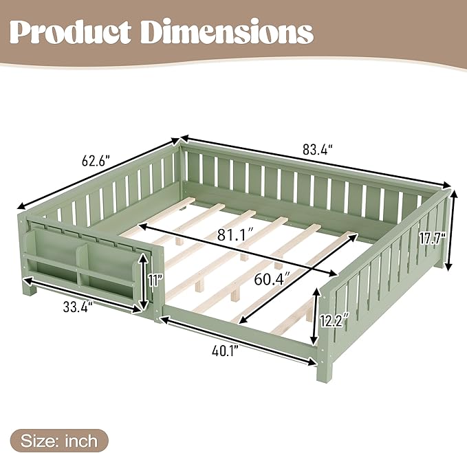 Bellemave Queen Floor Bed Frame with Fence & Bookshelf, Solid Pinewood Montessori Floor Bed Frame Queen with Slats Load 550LBS, Low Floor Bed for Bedroom, Nursery, Easy Assembly, Green