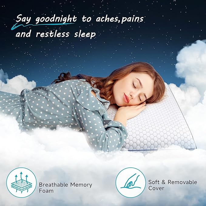 CushyOasis 2 Pack Memory Foam Pillows for Side, Back and Stomach Sleepers, Bed Pillow with Washable Cover and Breathable Mesh, Bed Pillow for Sleeping, Grey，Standard Size