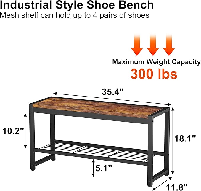 HOMEFORT Shoe Bench, Modern Industrial Shoe Storage Bench, Entryway Bench with Mesh Shelf and Sturdy Metal Frame, Metal Shoe Rack Bench for Hallway, Mudroom, Living Room, Rustic Brown
