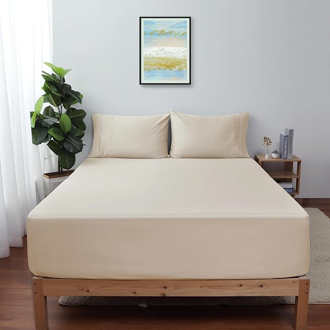 2-Pack Pure Cotton Bottom Sheet King Size, 600 Thread Count 16" Deep Pocket Egyptian Cotton Fitted Sheet (2-Pack, King, Beige)