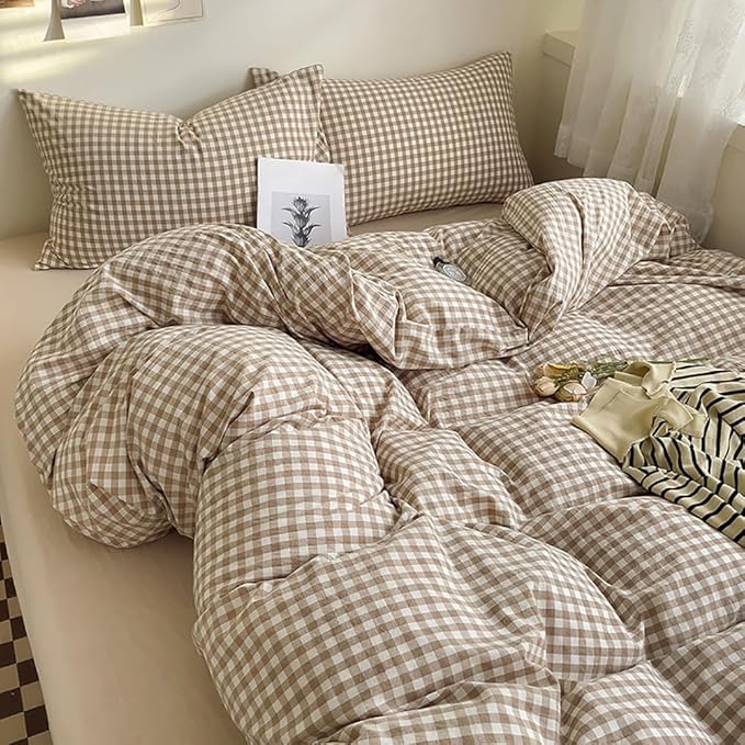 Nayoroom Brown Gingham Duvet Cover Queen Size Tan White Plaid Checkered Duvet Cover Grid Dorm Bedding Set 3 Pieces Soft Lightweight Washed Microfiber Farmhouse Bedding with Pillowcases