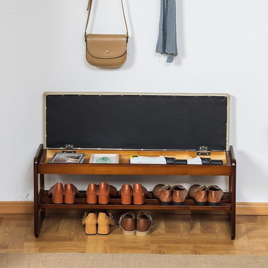 SOBIBO Shoe Bench with Storage - 2-Tier Entryway Bench, Solid Wood Shoe Rack with Cushion & Flip-Open Box, Mid-Century Modern for Hallway, Mudroom, Bedroom (Gray, 39.4'')
