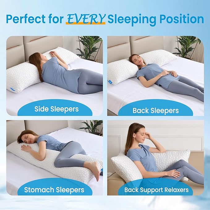 QUTOOL Cooling Pillow for Sleeping, CertiPUR-US Shredded Memory Foam Full Body Pillow Set of 1, Long Pillow for Bed with Removable Double-Sided Soft & Cool Cover, Soft Yet Support,White