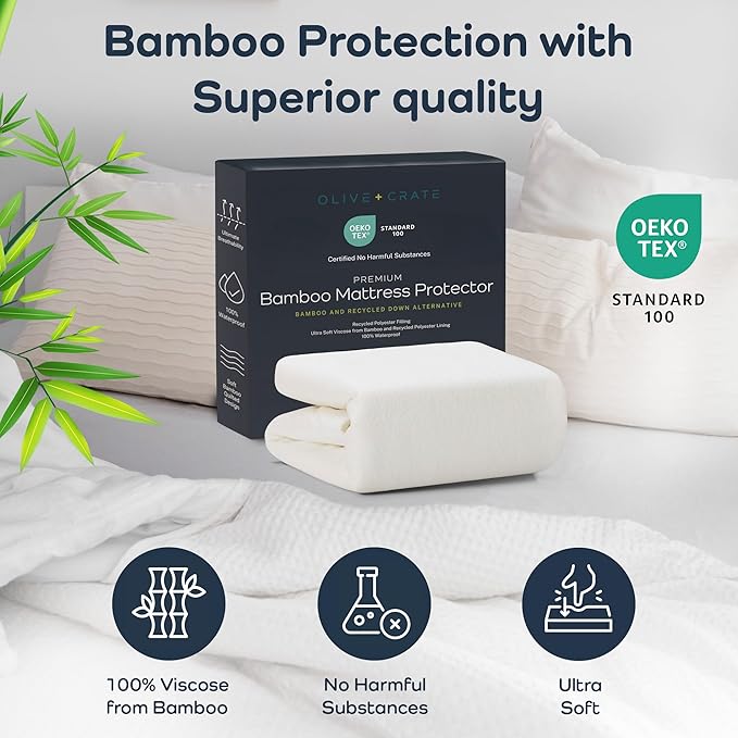 Olive + Crate 100% Viscose Bamboo Mattress Protector - Eco-Conscious Cooling Mattress Cover - Waterproof Hypoallergenic Protection - Breathable Full Size Shield Against Dust & Spills