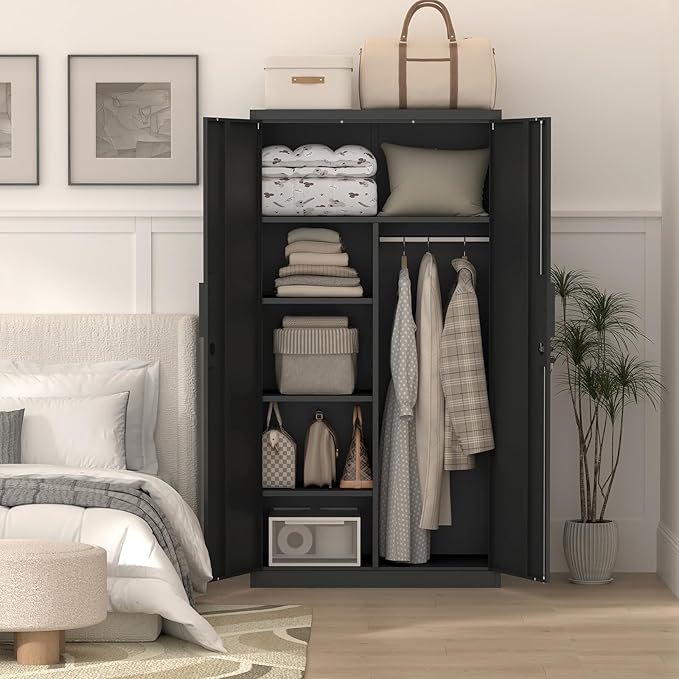IRONFFICE Metal Storage Cabinet,Steel Armoire Wardrobe Closet with Adjustable Shelves,Hanging Rod,Almirah for Clothes,Locking Wardrobe Cabinet for Bedroom,Home,Black