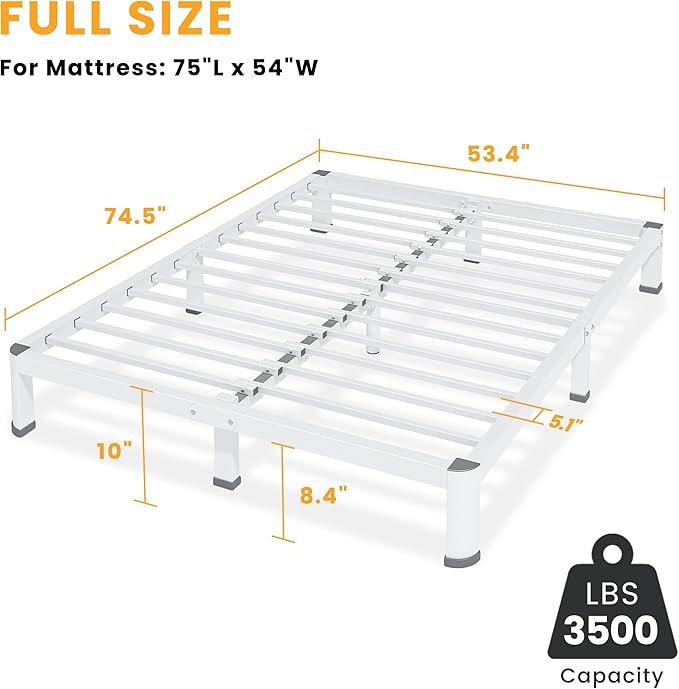 Superay 10 Inch Full Size Metal Platform Bed Frame with Round Corners, Storage Space Under High Bed Frame-Heavy Duty Steel Slats Support, Noise Free - Easy Assembly - No Box Spring Needed, White