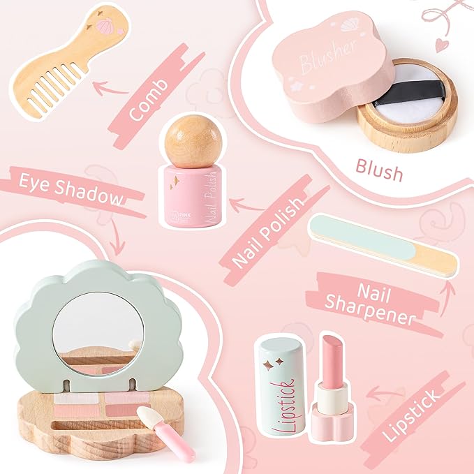 ROBOTIME Toddler Vanity Makeup Table Toy with Mirror & Light, Wooden Kids Makeup Vanity Set, Dressing Table with Accessories and Lights, Pretend Makeup Set for Little Girls