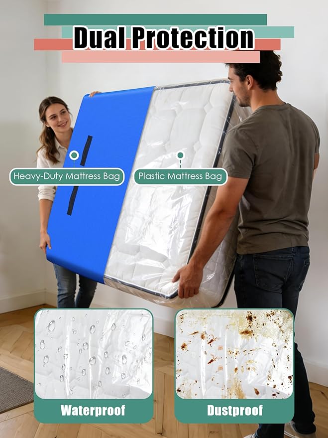 WTREE Double Shield Mattress Bag for Moving and Storage, 8 Reinforced Handles Mattress Cover with Internal Clear Mattress Protector, 170GSM Heavy Duty Tarp Mattress Mover Tool, Twin XL(Pack of 2)