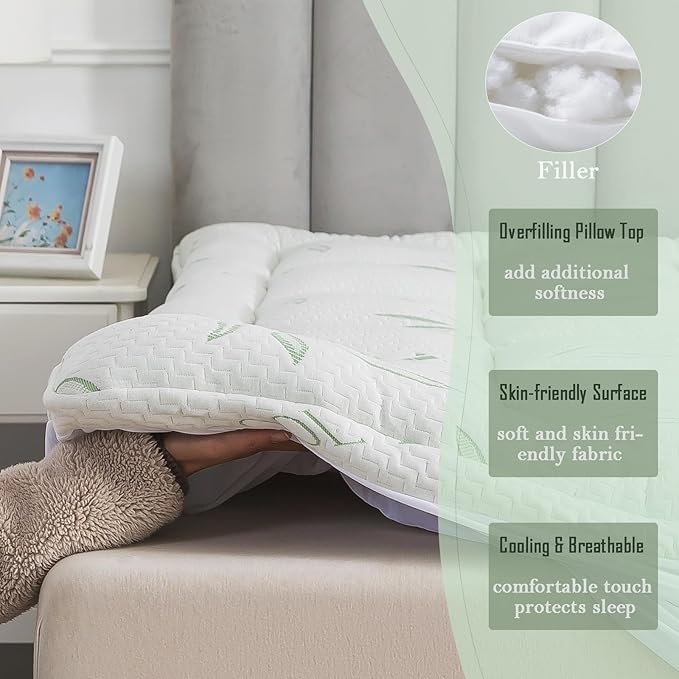 WhatsBedding Twin Mattress Topper, Soft Pillow Top Mattress Topper with Deep Pocket Fits 8–21 Inch,7D Spiral Fiber Filling, Bamboo Viscose Air Layer Mattress Topper Twin Size.