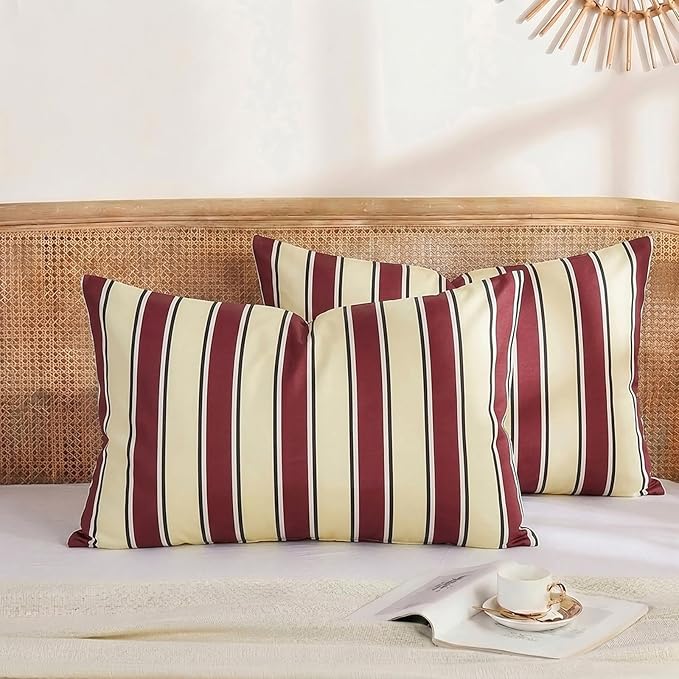 Merryword 100% Cotton Pillow Cases, Queen Size Pillowcases, Burgundy & Cream Striped Pillowcases, Luxury Linen Like Pillowcase, Soft Breathable Stripes Pillow Covers, Set of 2