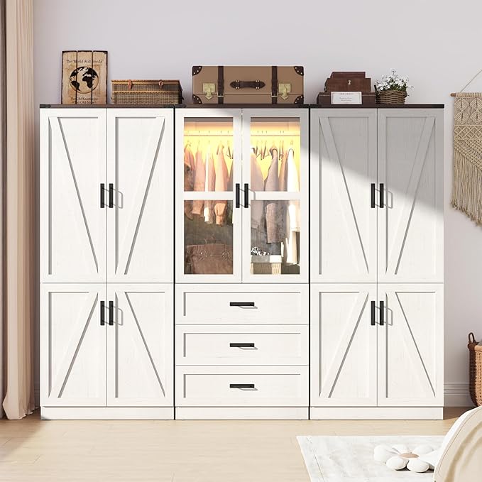 75" Tall Farmhouse 6 Doors Armoire Wardrobe Closet with 3 Drawers and LED,Freestanding Closet Wardrobe Cabinet for Bedroom with Hanging Rod,Wooden Armoire Storage Cabinet(Rustic Off White 6 Doors 1)