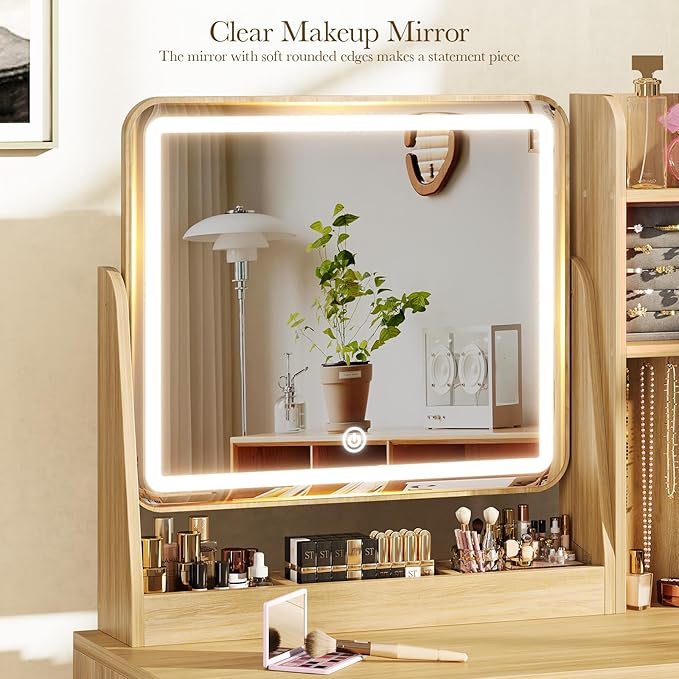 Memobarco Fluted Vanity Desk with Mirror and Lights, Small Makeup Vanity with 2 Drawers and Jewelry Storage Cabinet, 3 Lighting Modes Adjustable Brightness, Dressing Table for Bedroom - Natural Oak