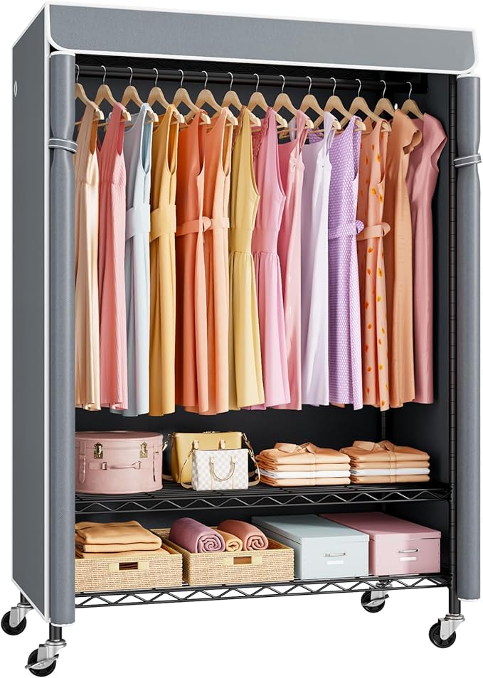 ULIFHOME P6C Plus Rolling Clothes Rack with Cover, Covered Clothing Rack Heavy Duty, Portable Closet for Hanging Clothes, Garment Rack on Wheels, Black Closet Rack with Gray Cover, Max Load 375LBS