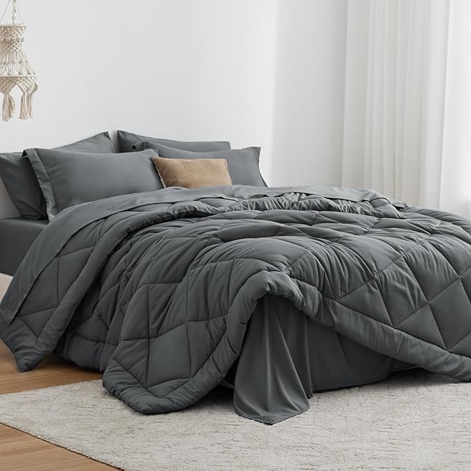 Love's cabin Queen Comforter Set Dark Grey, 7 Pieces Queen Bed in a Bag, All Season Bedding Sets with 1 Comforter, 1 Flat Sheet, 1 Fitted Sheet, 2 Pillowcase and 2 Pillow Sham | Soft, Breathable, Lightweight, Comfortable