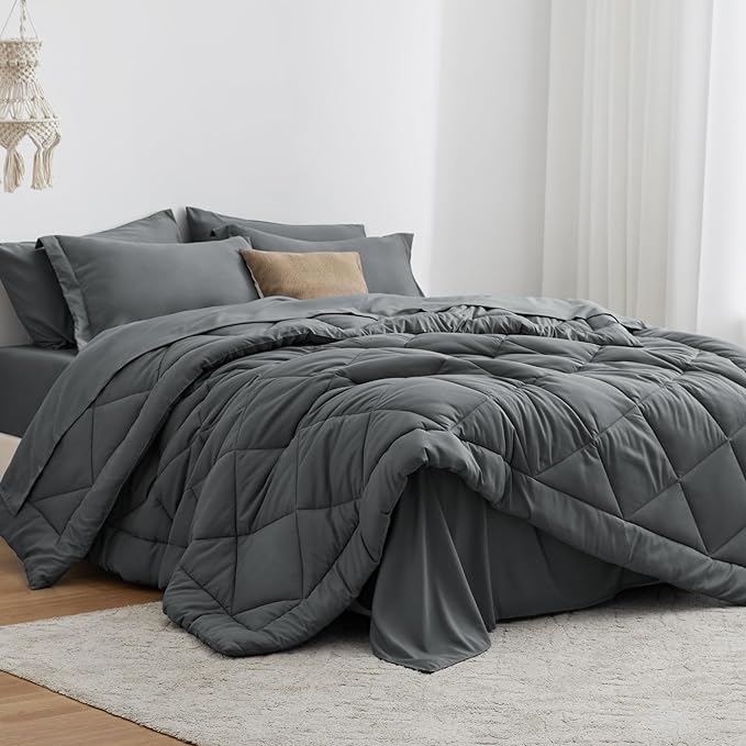 Love's cabin Twin Comforter Set Dark Grey, 5 Pieces Twin Bed in a Bag, All Season Bedding Sets with 1 Comforter, 1 Flat Sheet, 1 Fitted Sheet, 1 Pillowcase and 1 Pillow Sham | Soft, Breathable, Lightweight, Comfortable