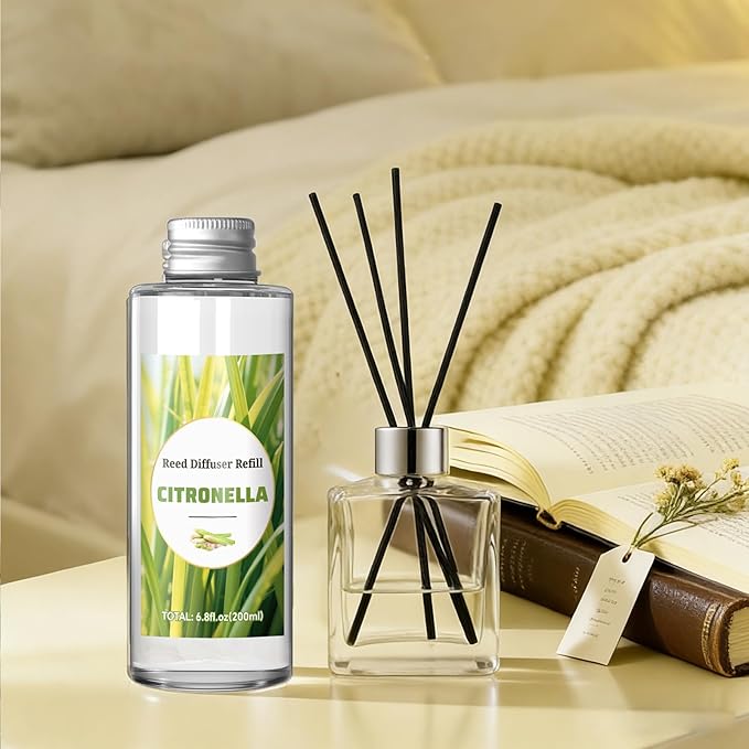 STRN Citronella Reed Diffuser Oil Refill, Citronella Scent 200ML(6.8fl.oz) with 6 Sticks, Air Freshener Long-Lasting Aromatherapy Reed Diffuser Set for Summer Home, Bedroom, Spa, Bathroom