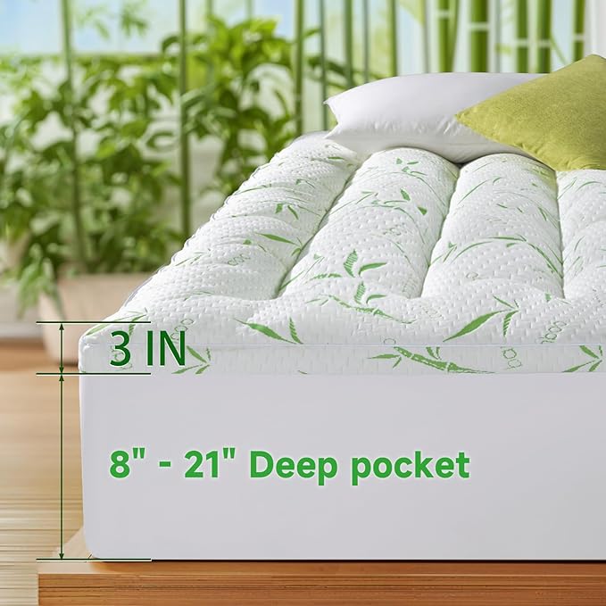 3 Inch Mattress Topper - Viscose Made from Bambu,Cooling Soft Pillow Top Mattress Pad Cover (Queen,60"x80")