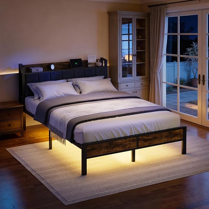 Queen Size Bed Frame with Wood Headboard, Metal Platform Bed with USB Charging Station and Smart LED Lights, No Box Spring Needed, Easy Assembly
