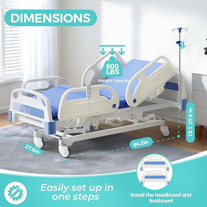 5 Function 600LBS Full Electric Hospital Bed, Beds for Home Use, Special Needs Medical Bed for Seniors with Mattress, Adjustable Hospital, Frame IV Pole, Medical Equipment Beds