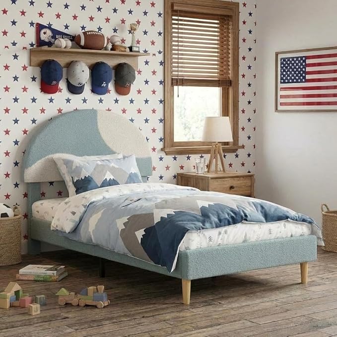 Garvee Twin Bed Frame with Upholstered Round Boucle Headboard, Arch-Shaped Design in Soft Blue and White, Modern Kids Bed with Wooden Slats, No Box Spring Required and Easy Assembly