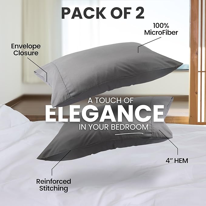 Utopia Bedding King Pillow Cases - 2 Pack - Envelope Closure - Soft Brushed Microfiber Fabric - Shrinkage and Fade Resistant Pillow Covers King Size 20 X 40 Inches (King, Grey)