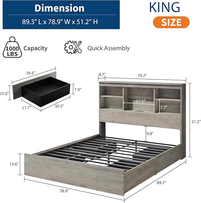 IDEALHOUSE King Bed Frame with Storage Headboard, Wooden Bed Frame with Charging Station, Storage Bookcase & King Size Platform Bed with 4 Drawers, No Box Spring Needed, Noise-Free, Vintage Grey