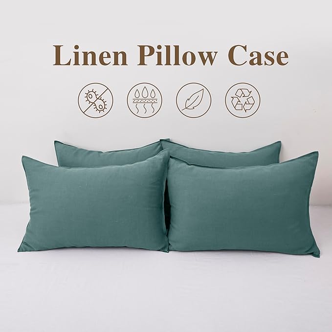 CHUFFED Linen Pillowcases 2 Pack 100% Linen Standard Pillow Cases, Breathable and Cooling Washed Pillowshams with Zipper Closure, 20x36 Inches,Aqua