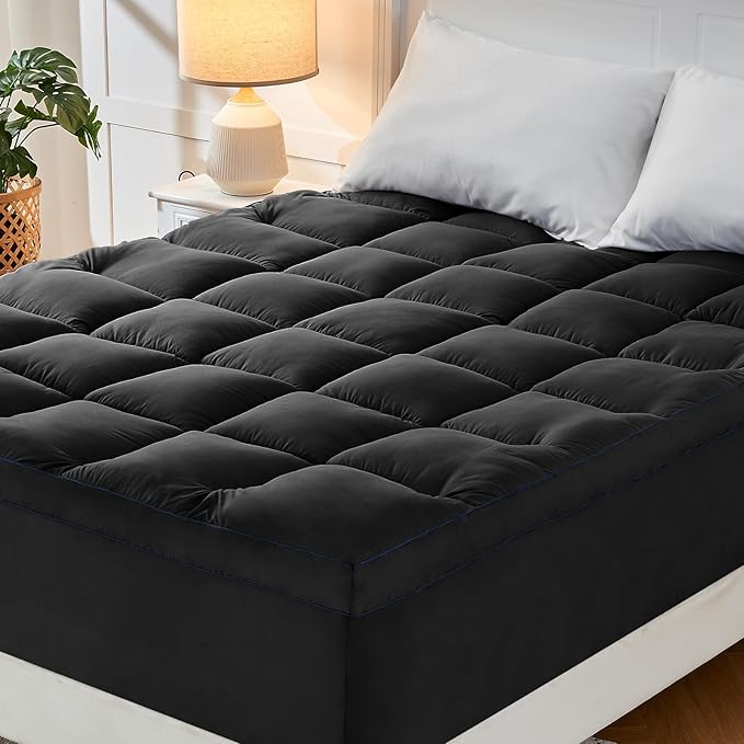 CYMULA Short Queen Mattress Topper, Cooling Bed Mattress Topper, Thick Mattress Pad Cover Pillow Top Mattress Topper, Black Plush Down Alternative Fill