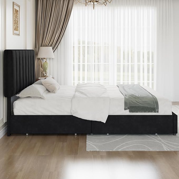VECELO King Size Bed Frame with 4 Storage Drawers, Adjustable Height Headboard, Heavy-Duty Bedframe with Strong Wooden Slats, No Box Spring Needed, Black