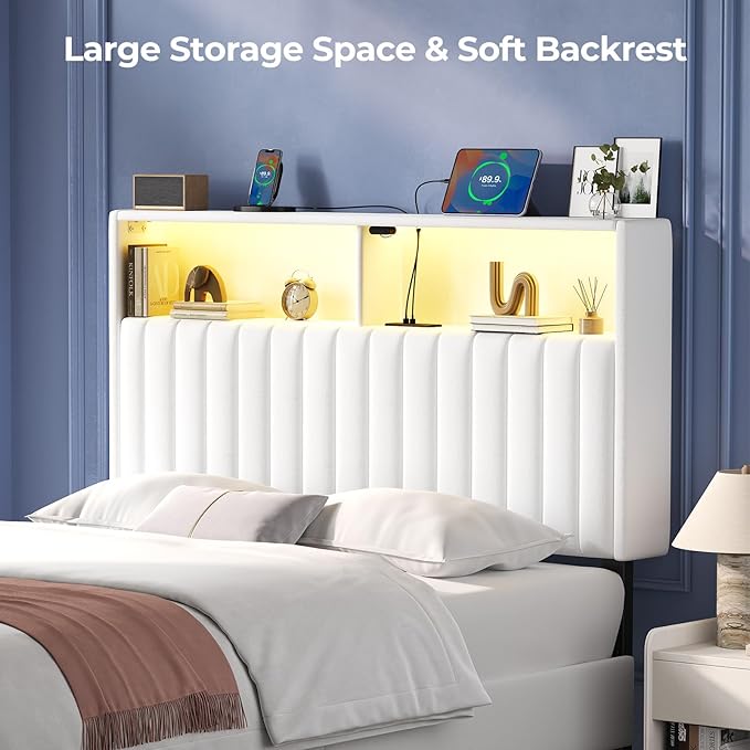 Rolanstar Headboard for Twin Size Bed with Storage, Head Board with USB & Type C Port, 60,000 DIY Color of LED Light, Velvet Upholstered, Height Adjustable, Sturdy, Easy Assembly, White