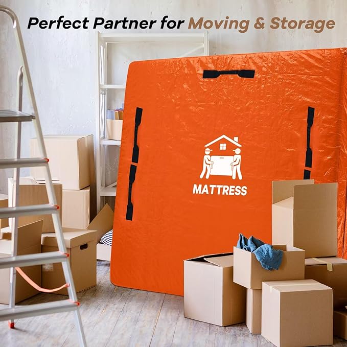 Mattress Bags for Moving, BETU Mattress Protector Waterproof Mattress Cover Queen Size Storage Bags with 8 Heavy-Duty Handles and Zipper for Bed Extra Thick Large Reusable (82"x62"x15" Orange)