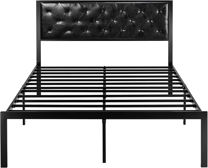 SHA CERLIN Queen Size Metal Platform Bed Frame, PU Leather Upholstered Button Tufted Headboard, Mattress Foundation with 12.4” Under-Bed Storage, Noise-Free, Easy Assembly, No Box Spring Needed, Black