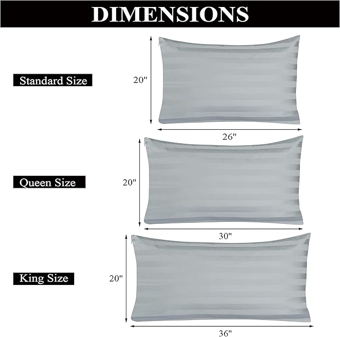 100% Egyptian Cotton Pillow Protectors Set of 2, 400 Thread Count Sateen Weave Cooling Pillowcase, Easy Care Zippered Style Pillow Covers (Stripe-Gray, King)