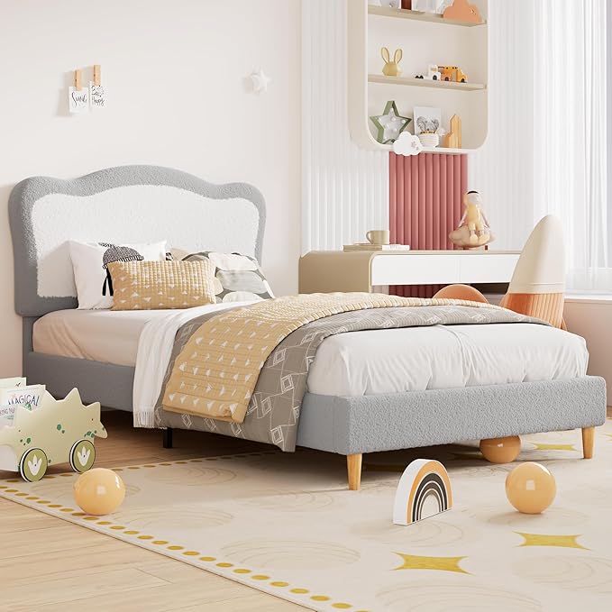 GarveeHome Full Bed Frames for Kids with Soft headboard, Velvet Low Bed Frame for Girls, Boys, No Box Spring Needed, Wooden Slats, Noise Free, Sturdy, Easy Assembly, Grey White