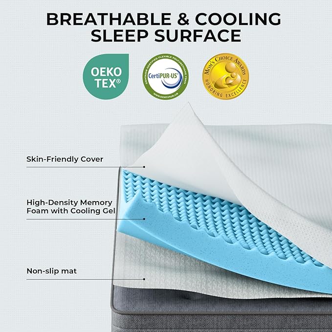 OhGeni Memory Foam Mattress Topper Pad, with Cover, Soft Bed Cover with Anti-Slip Base, Size Queen, Style 3 Inch