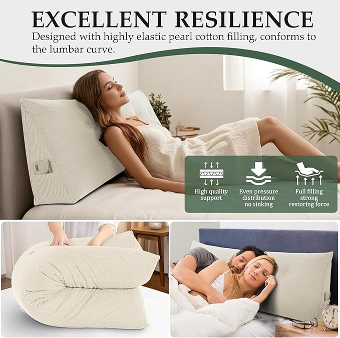 Huatean Home Soft Headboard Pillow Queen Size, Wall Backrest Wedge Pillow Headboard Queen, Reading Backboard Pillows, Large Dorm Daybed Bolster Pillows for Back Support with Removable Cover, Beige