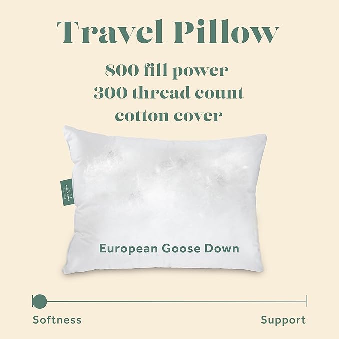 ComfyDown Goose Down Travel Pillow - Filled with 800 Fill Power European Goose Down, Egyptian 300 Thread Count 100% Cotton Cover for Plane car & Home - Made in USA (12x16)